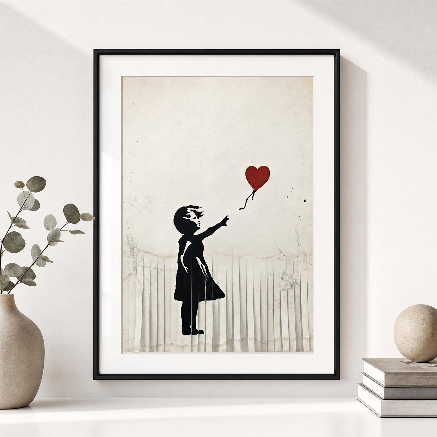 a framed artwork depicting a silhouette of a person holding a heart-shaped balloon.