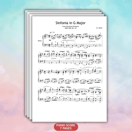 Johann Sebastian Bach Christmas Oratorio Sinfonia in G Major BWV 248 piano sheet music digital edition PDF and PNG, clean layout with professional engraving, ideal for worship services, festive events, and Baroque repertoire study.