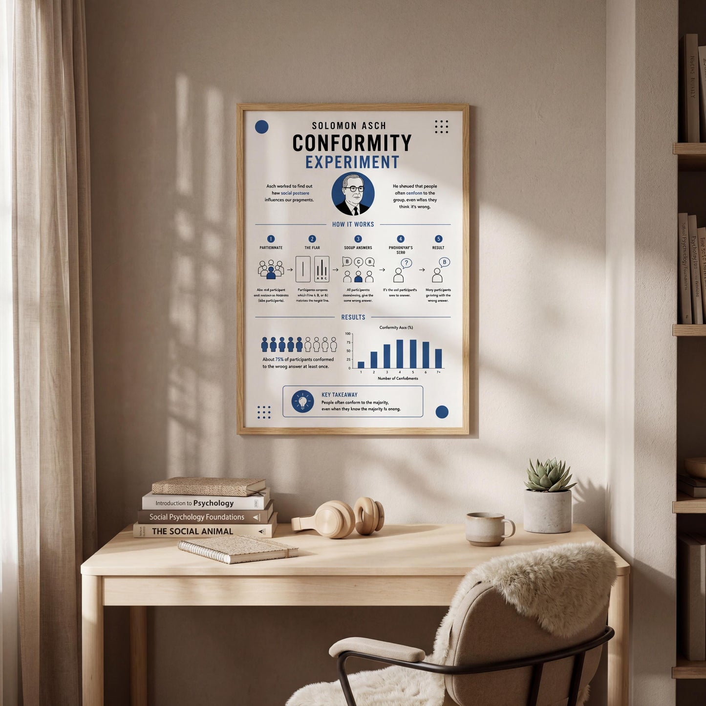 a poster titled "SOLOMON ASCH CONFORMABILITY EXPERIMENT" hanging on a wall above a wooden desk with a chair, books, and a plant.
