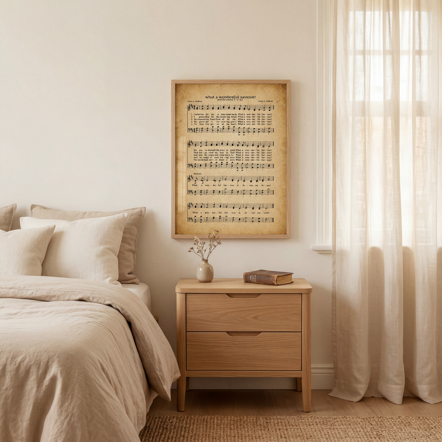 A framed sheet music poster with lyrics is displayed on the wall above a wooden nightstand with a book and a vase of flowers.