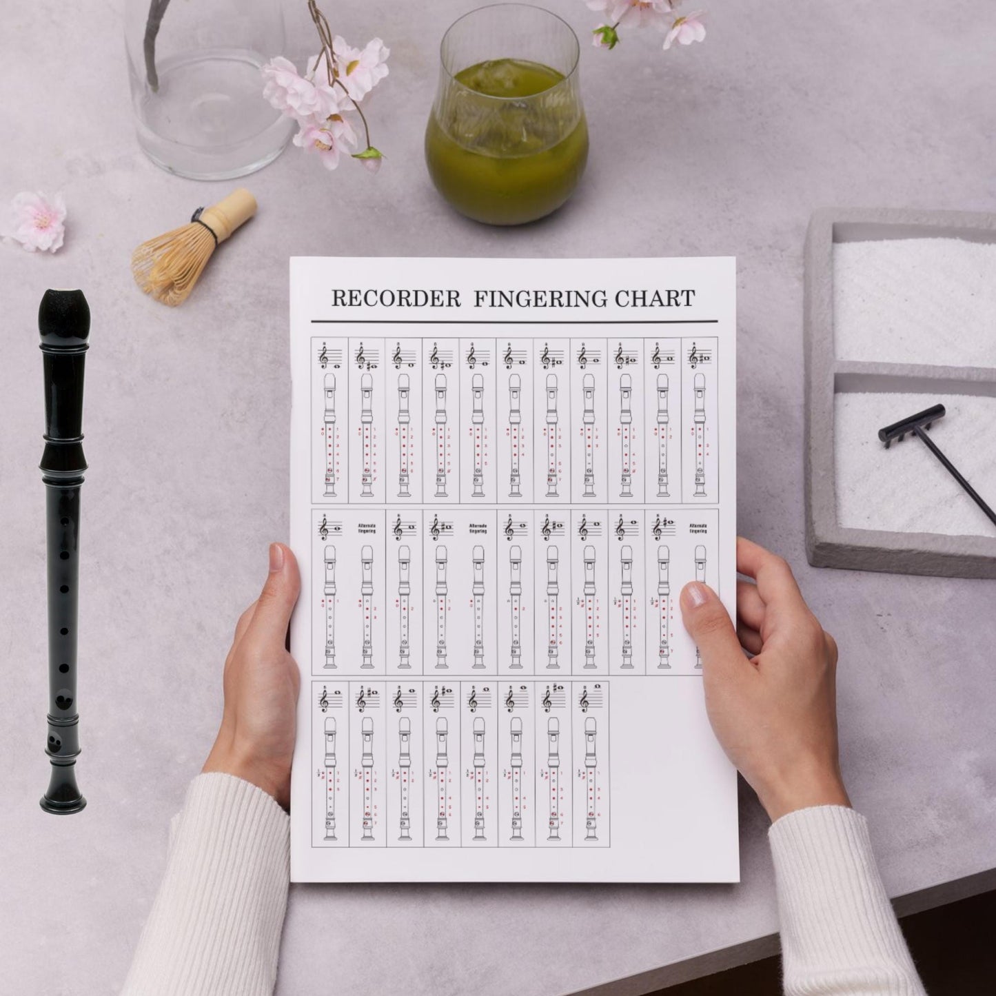 Recorder Fingering Chart for Kids music classroom aid, high-resolution printable PDF and PNG versions included, perfect for teachers introducing recorder basics, students learning their first songs, or parents supporting music practice at home.