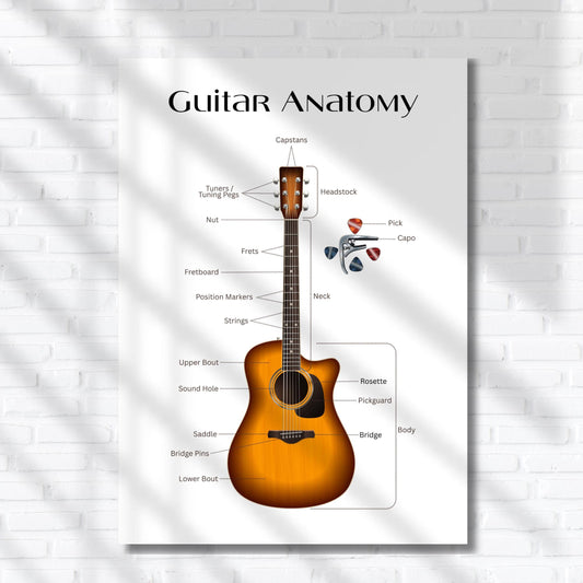 Acoustic guitar anatomy diagram printable featuring clear labels and clean layout, ideal for music classrooms, beginner lessons, and visual learning environments