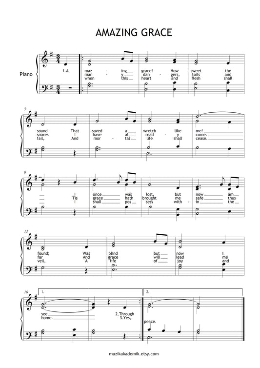 Amazing Grace - Grade 4 Piano Sheet | Elegant Arrangement for Intermediate Students | PDF + MP3+ video | Printable Hymn Music