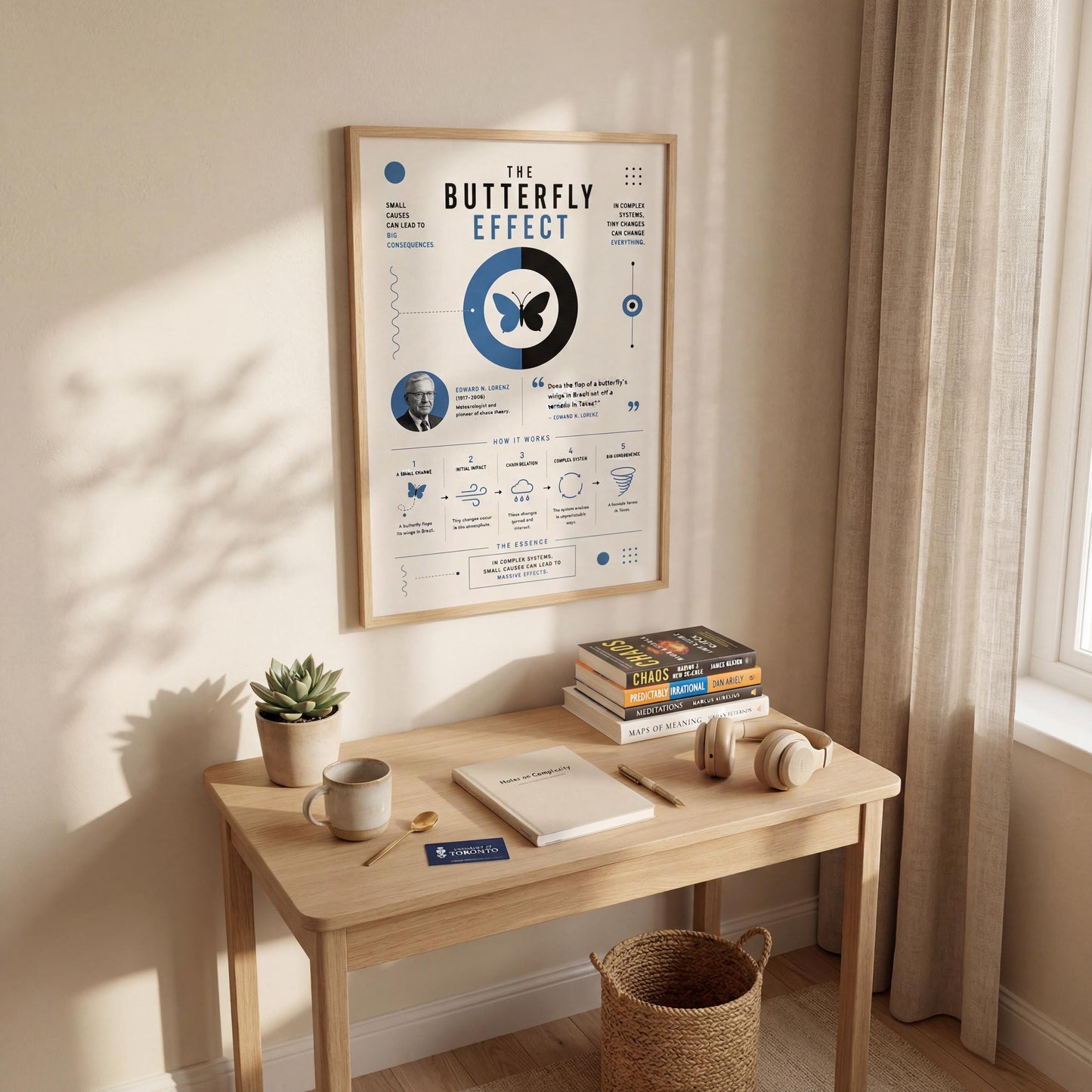 a wooden desk with a plant, a stack of books, a mug, and a pair of headphones. Above the desk, there is a framed poster titled "The Butterfly Effect" that includes various illustrations and text related to the butterfly effect.
