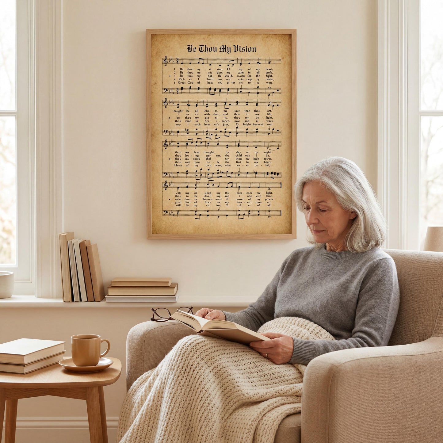 An elderly woman is sitting comfortably in a chair, reading a book while wrapped in a cozy blanket. A framed sheet music poster is hanging on the wall behind her, and there are several books and a coffee cup on a nearby table.