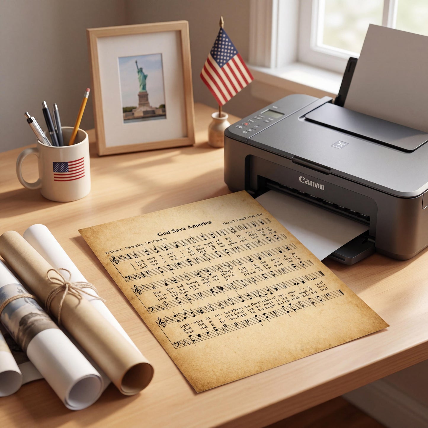 a desk with various items, including a framed picture of the Statue of Liberty, a printer, a cup with an American flag, and a sheet of music.