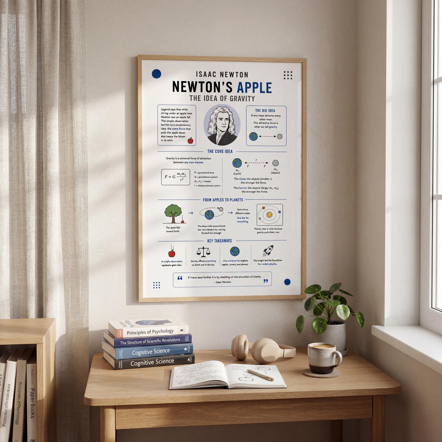 a poster of Isaac Newton's "Newton's Apple" hanging on a wall above a wooden desk with a stack of books, a plant, and a coffee mug.