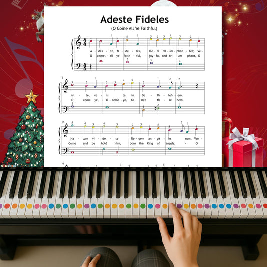 Adeste Fideles (O Come All Ye Faithful) by John Francis Wade downloadable and simplified piano sheet music PDF created for beginner learners echoes Christmas gifts 2025 trends with personalised eco-friendly Christmas printables, best Christmas gifts under $5 ideas, and clear lyrics, finger numbers and color notes for confident holiday playing.