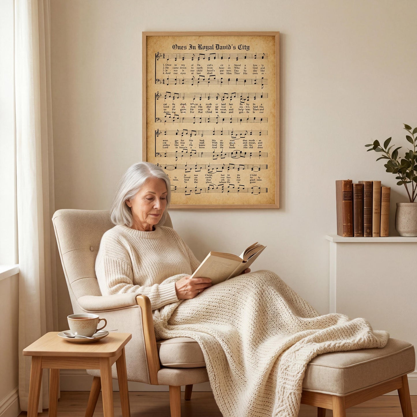 An older woman is sitting in a chair, reading a book and wrapped in a blanket, with a framed sheet music poster on the wall behind her.