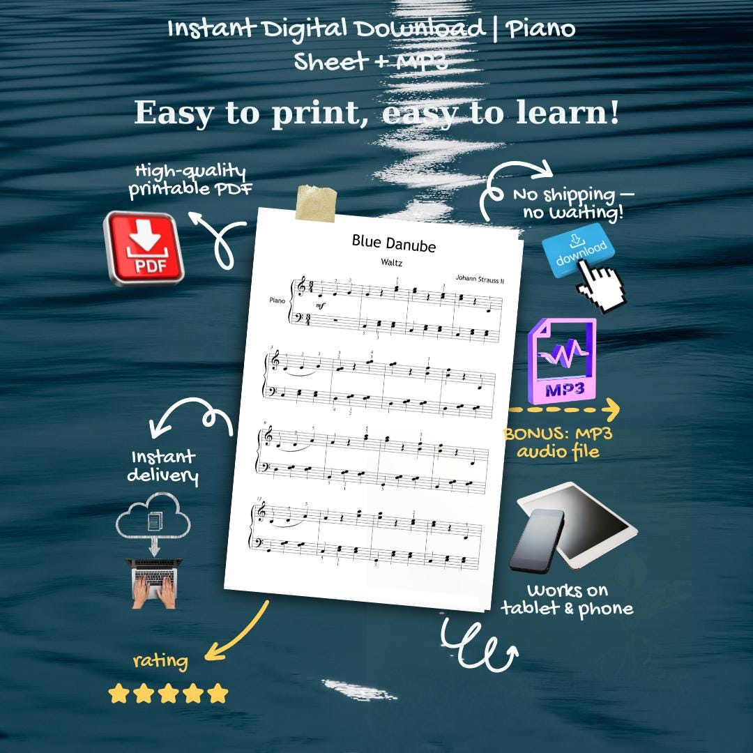 Blue Danube by Johann Strauss - Grade 3 Printable PDF, Colored Notes, Finger Numbers and Video Lesson