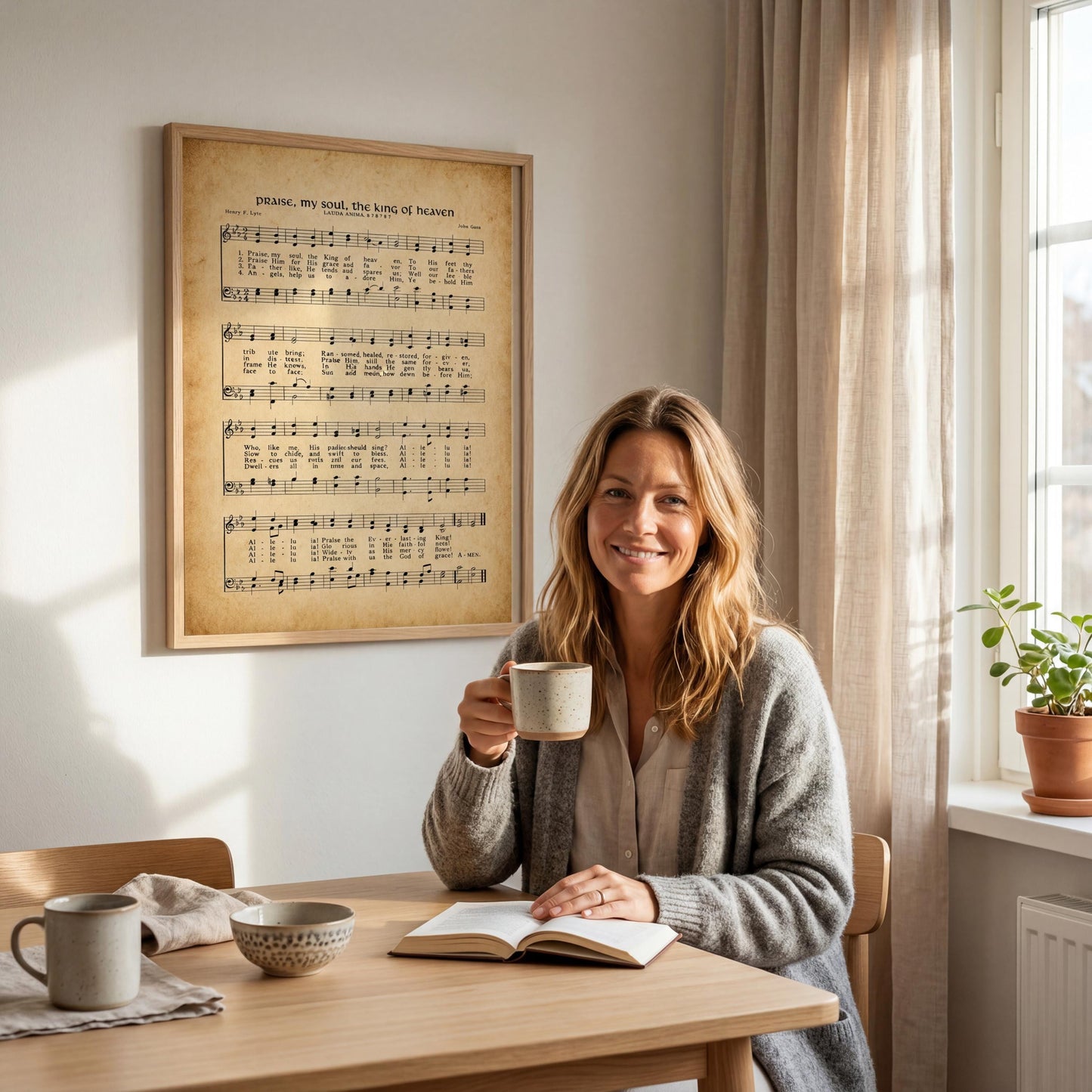 A woman sits at a table, holding a mug and reading a book, with a framed sheet music poster on the wall behind her.