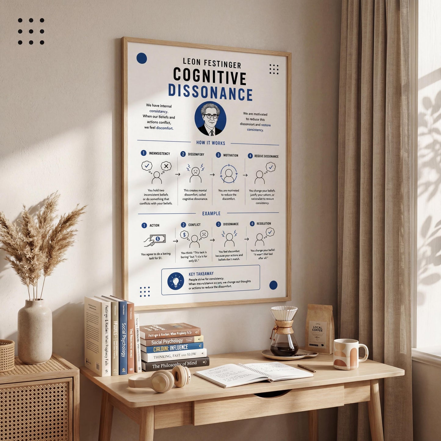 a poster on a wall titled "LEON FESTINGER COGNITIVE DISSONANCE" with a desk and various items on it, including books, a coffee maker, and a plant.