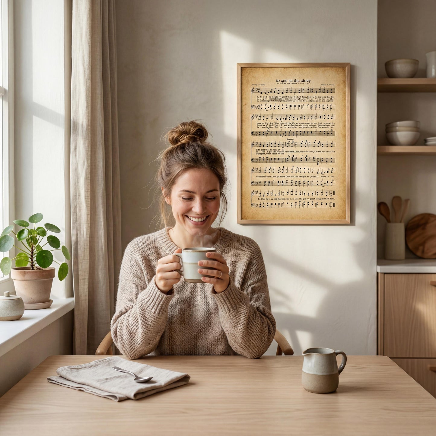 A woman sits at a table, smiling and holding a cup of coffee, with a framed sheet music poster on the wall behind her.