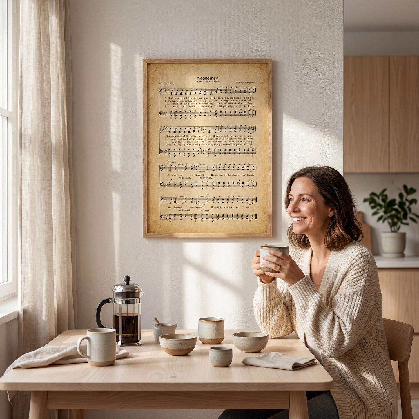 A woman in a beige sweater is sitting at a wooden table, holding a coffee mug and smiling. The table is set with various dishes and a French press, suggesting a cozy and relaxed atmosphere. A framed sheet music poster is hanging on the wall above the table.