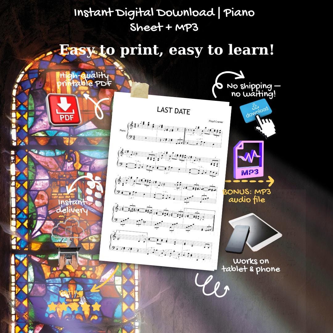 Last Date by Floyd Cramer downloadable and simplified piano sheet music PDF displayed as a teacher-friendly intermediate resource including finger numbers, color-coded notes, and note-name pages, crafted with manuscript accuracy for classroom or private-studio use.
Last Date by Floyd Cramer downloadable and simplified piano sheet music PDF shown as a combined C-major layout featuring finger numbers, letter-note names, and color-coded notes together, grounded in manuscript