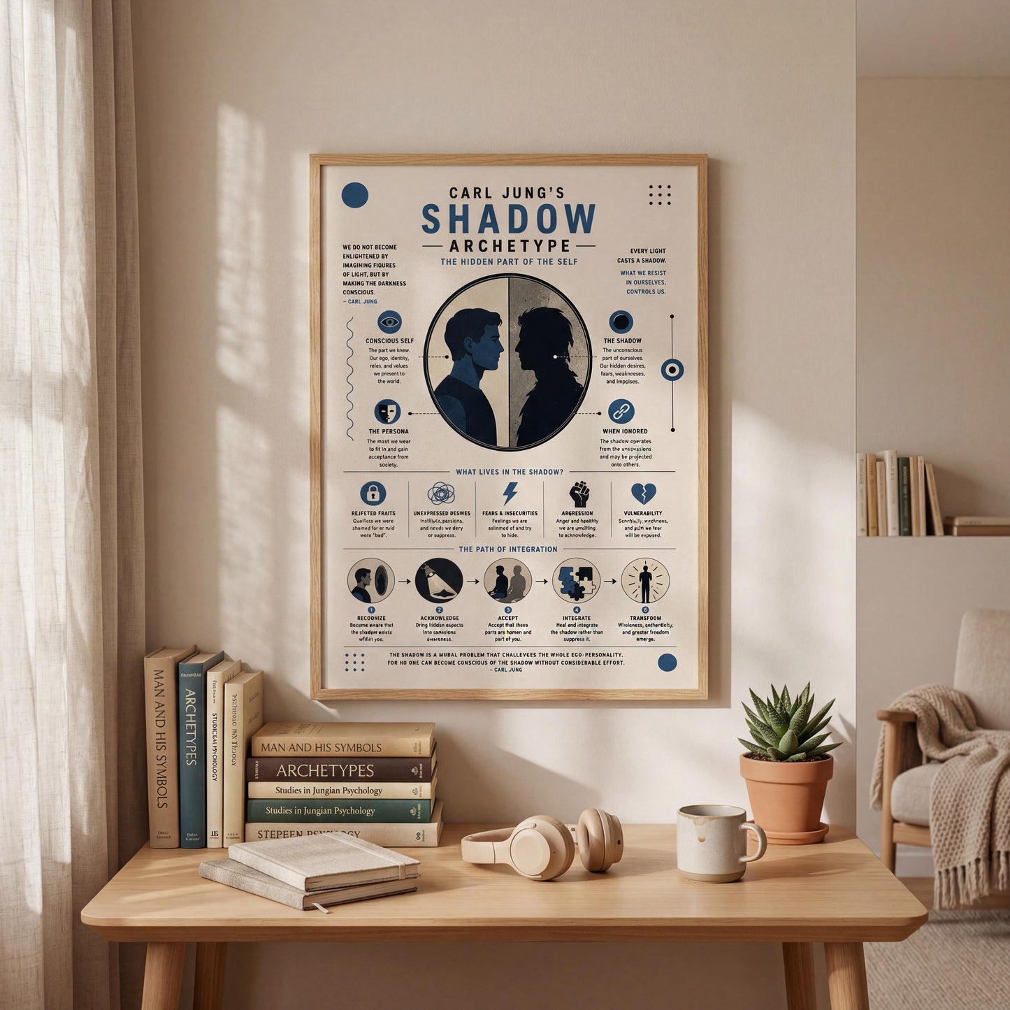 a poster of Carl Jung's "Shadow Archetype" displayed on a wall, with a wooden table in front of it containing books, a mug, and a potted plant.