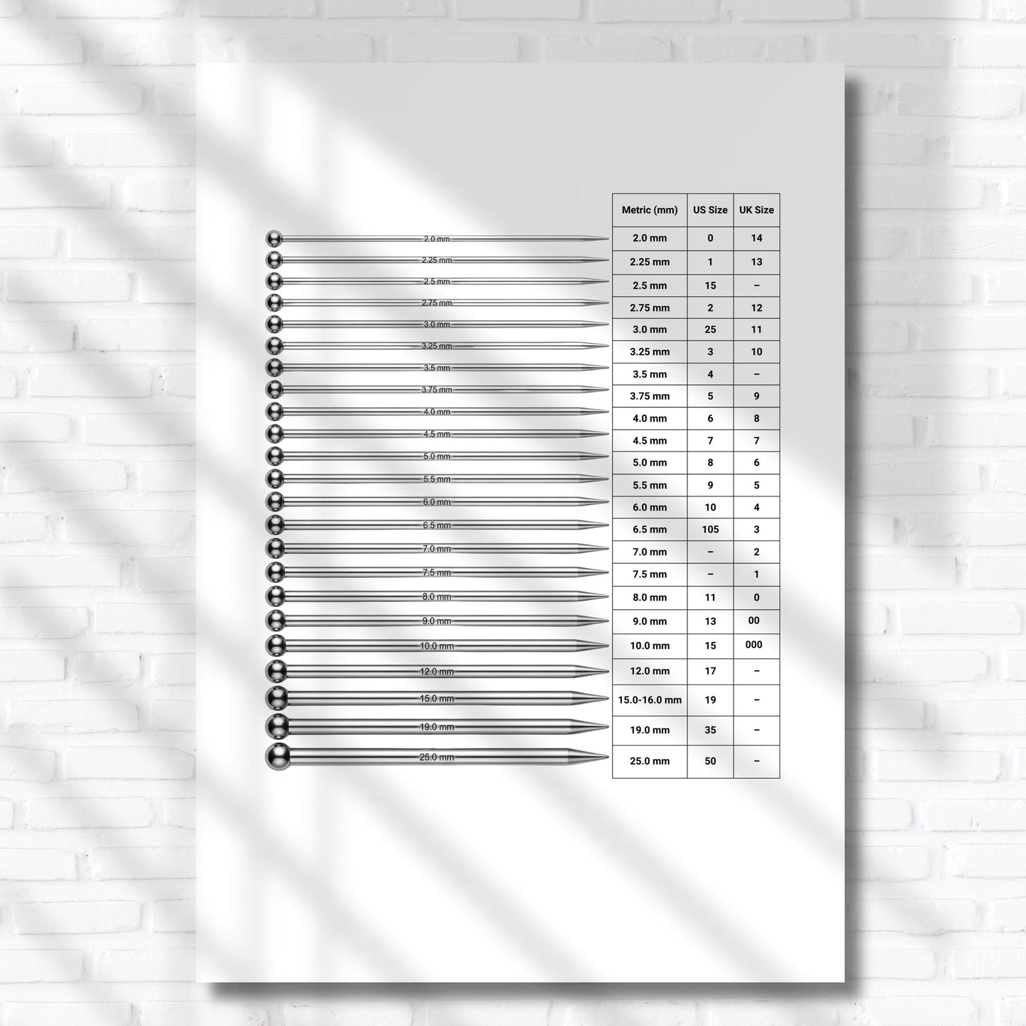 Knitting Needle Size Reference Printable – Metric, US and UK Needle Chart for Knitters | Digital Download
Knitting needle measurement reference printable featuring a simple, organized layout for comparing metric, US, and UK sizes, ideal for home knitters and professional studios.