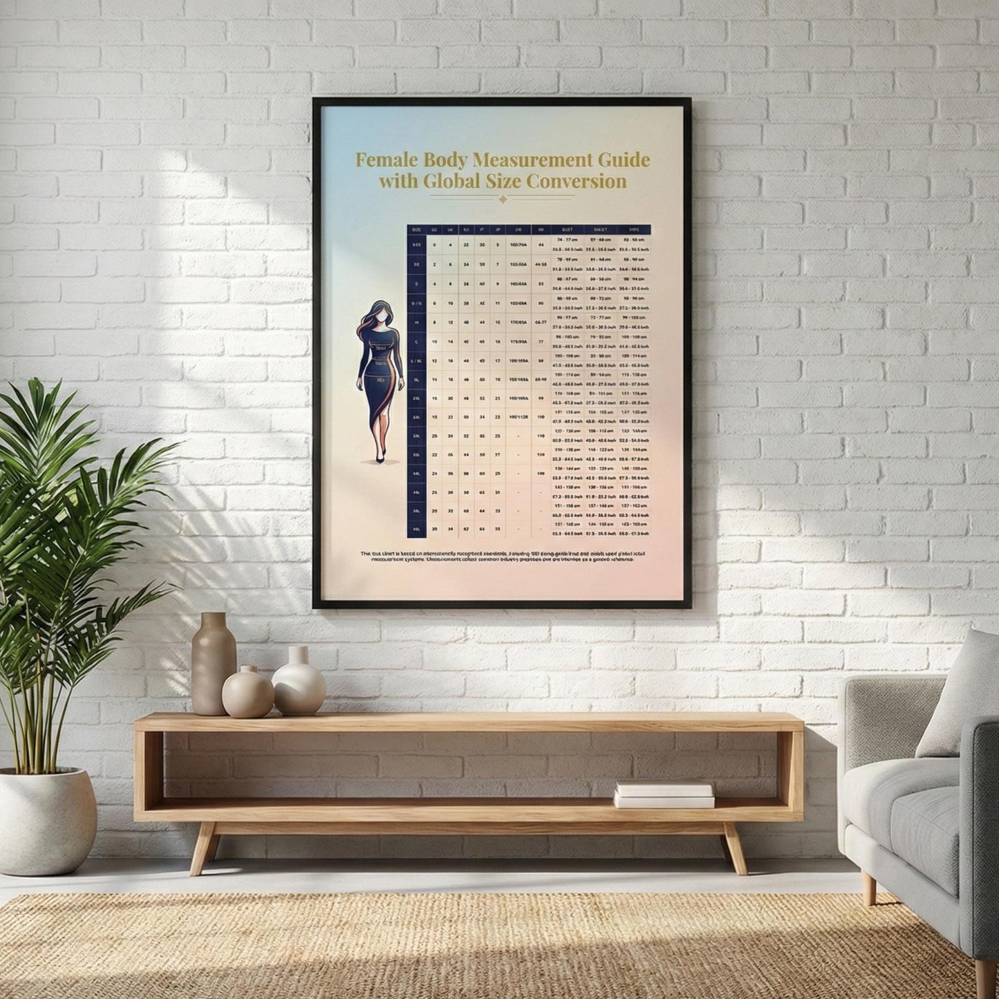 Female Body Measurement Guide with Global Size Conversion shown as a digital sizing chart suitable for online shopping and fashion businesses, highlighting global size standards and body measurements in a simple, easy-to-read design.
Female Body Measurement Guide with Global Size Conversion presented as a tablet-friendly PDF featuring a female body measurement diagram, worldwide clothing size equivalents, and both cm and inch units for flexible international use.
