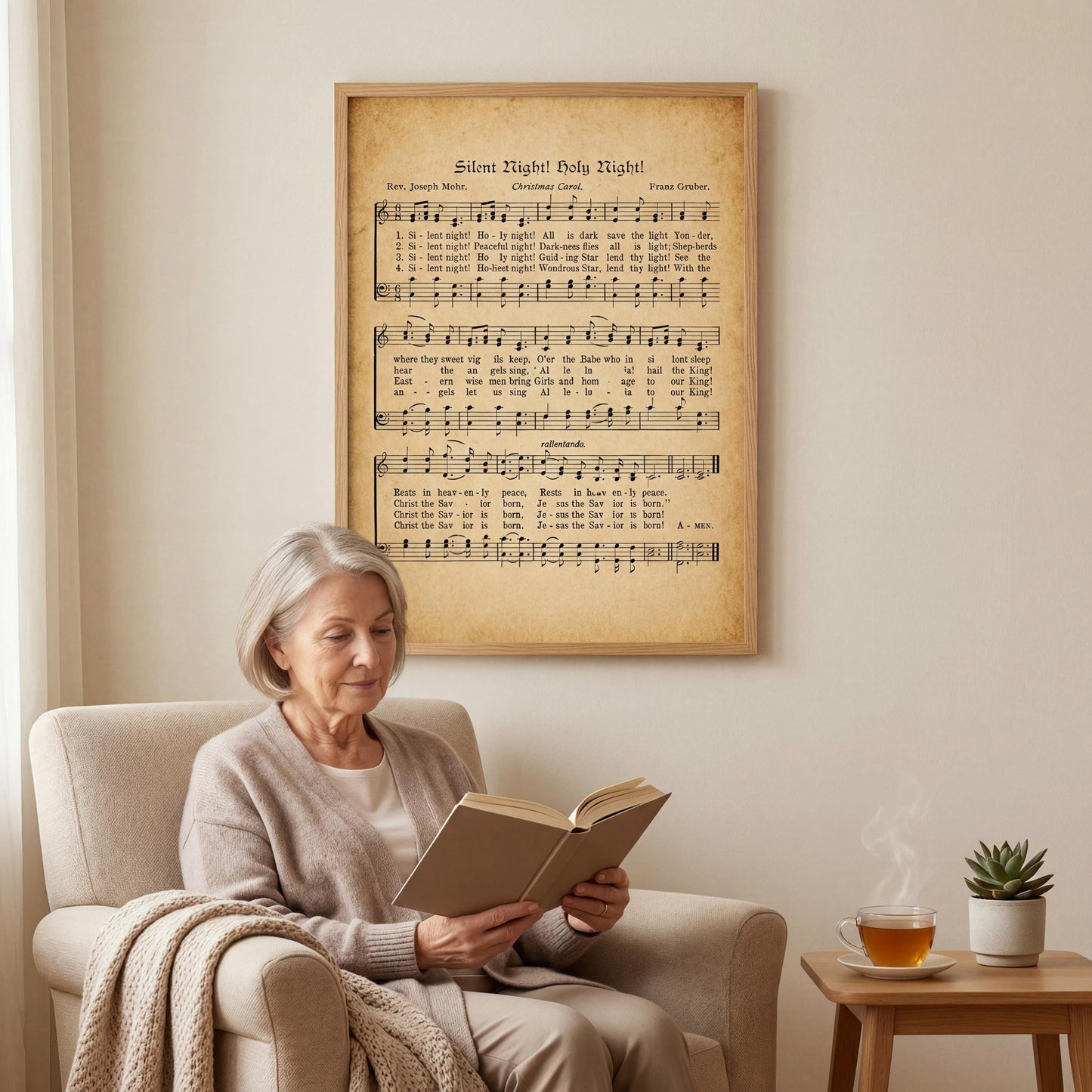 An elderly woman is sitting in a chair, reading a book, with a framed sheet music of a Christmas song on the wall behind her.