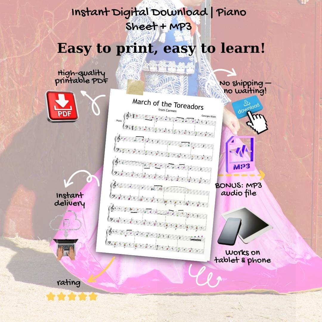 March of the Toreadors by Georges Bizet downloadable and simplified piano sheet music PDF shown with the full Grade 3–4 learning bundle including MP3 reference audio, video tutorial, finger numbers, note names, color-coded notes, and manuscript-based engraving for polished early-intermediate performance.