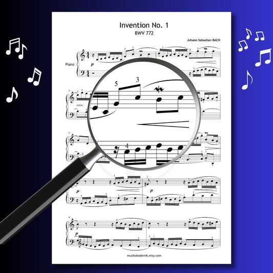 Bach Invention No.1 professional sheet music PDF for piano, featuring Baroque-era engraving with fingerings, clean layout, and instant digital download icons – ideal for classical musicians and students.