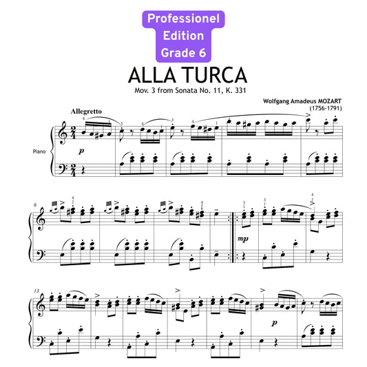 Alla Turca (Turkish March) by Mozart - Grade 6 - Advanced Piano Sheet Music with Fingerings