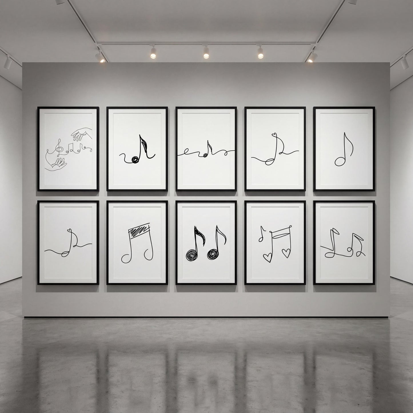 Minimalist music line art printable wall art set showing elegant single-line illustrations of musical notes, symbols, and expressive music gestures, designed as modern decor for music classrooms, studios, and creative learning spaces.