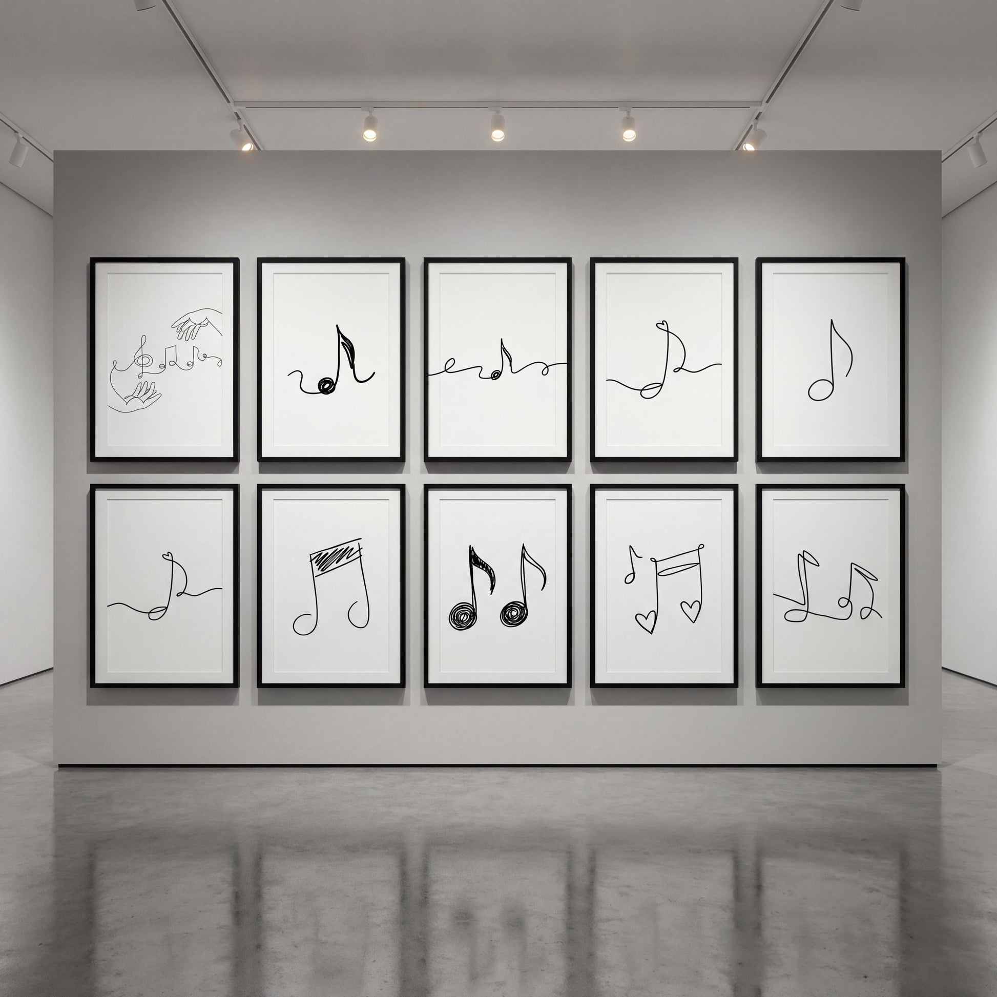 Minimalist music line art printable wall art set showing elegant single-line illustrations of musical notes, symbols, and expressive music gestures, designed as modern decor for music classrooms, studios, and creative learning spaces.