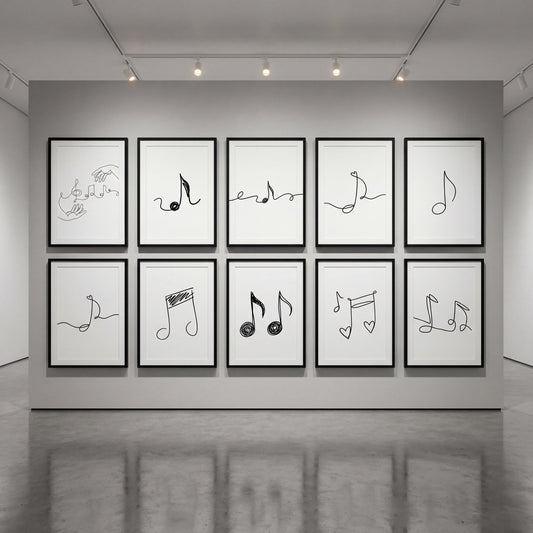 Minimalist music line art printable wall art set showing elegant single-line illustrations of musical notes, symbols, and expressive music gestures, designed as modern decor for music classrooms, studios, and creative learning spaces.