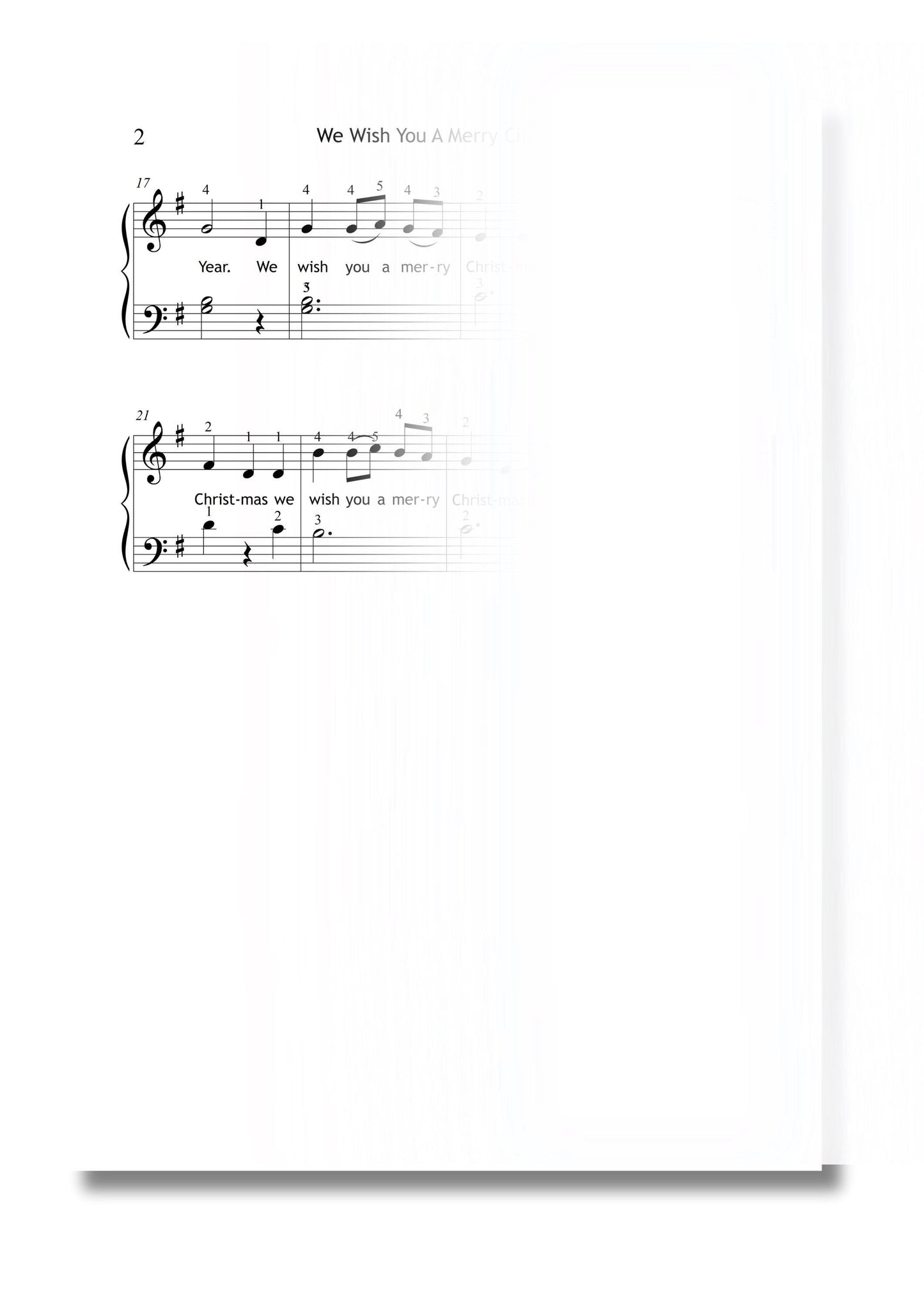 We Wish You a Merry Christmas easy piano sheet bundle preview showing PDF, MP3, and MP4 files, Grade 1 simplified edition for lessons and recitals.