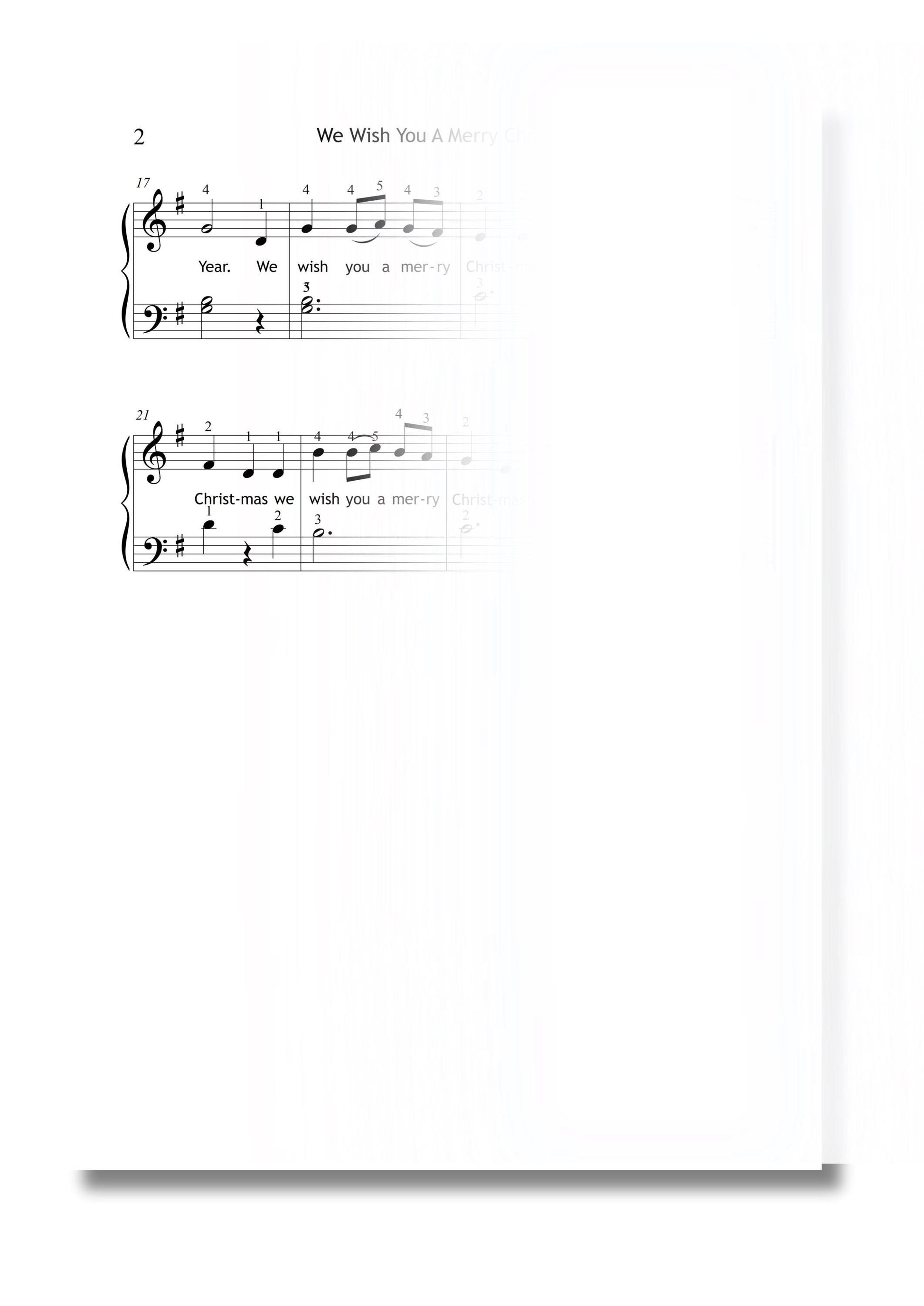 We Wish You a Merry Christmas easy piano sheet bundle preview showing PDF, MP3, and MP4 files, Grade 1 simplified edition for lessons and recitals.