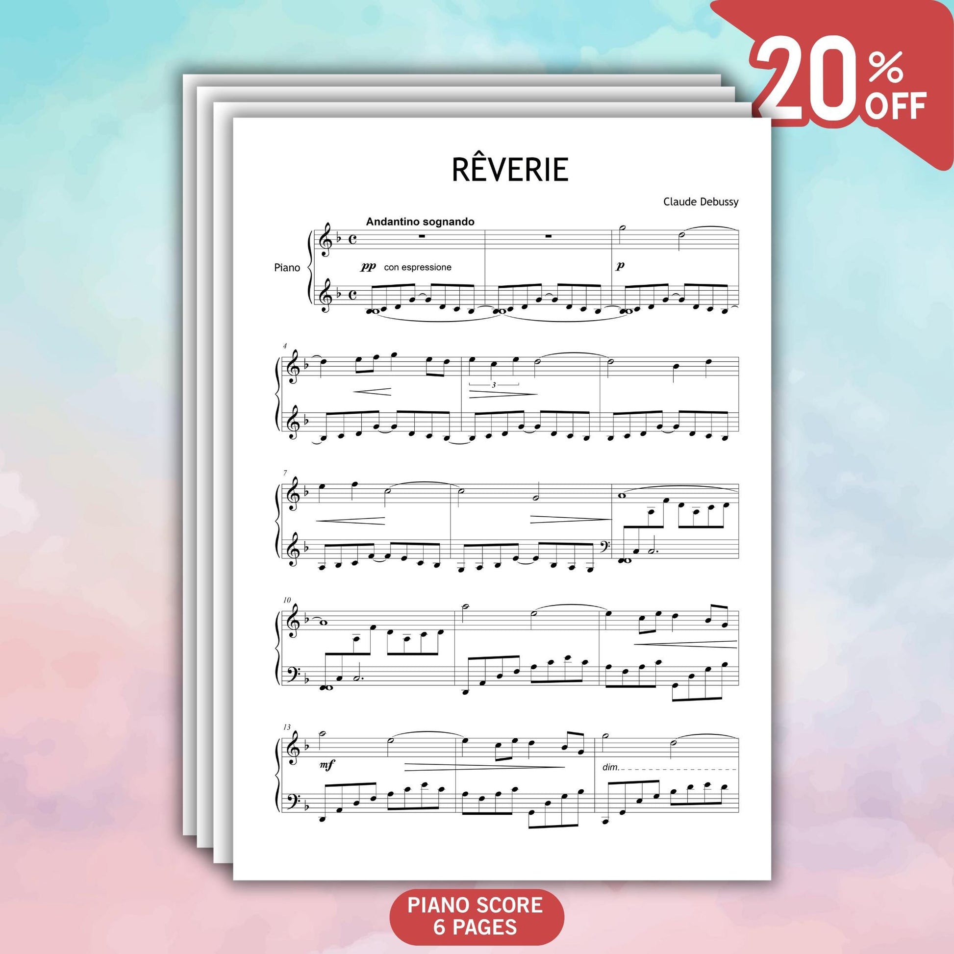 Download Reverie sheet music by Debussy, advanced piano PDF with finger numbers, tutorial video and audio file