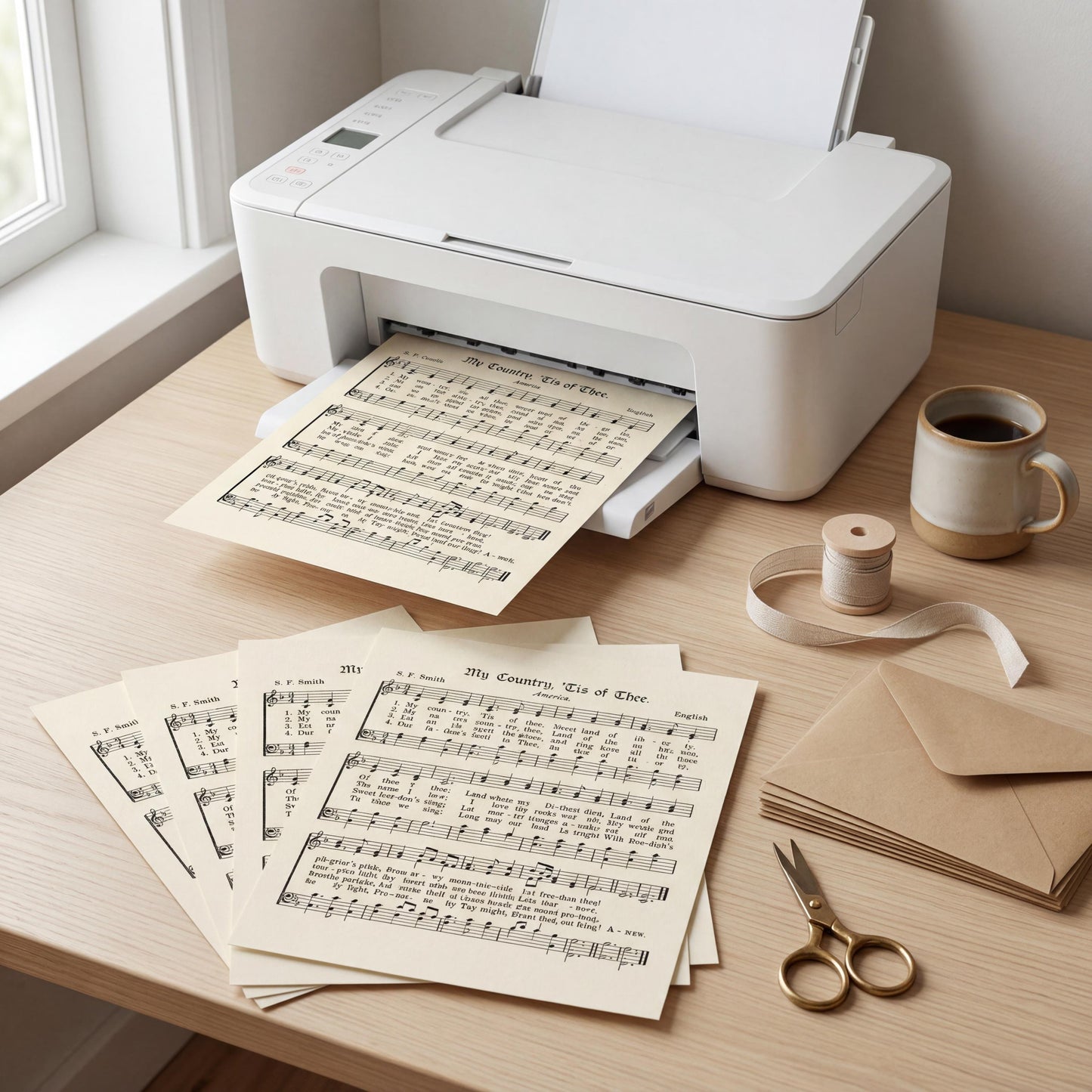 a printer, a stack of sheet music, a cup of coffee, a spool of thread, and a pair of scissors on a wooden desk.