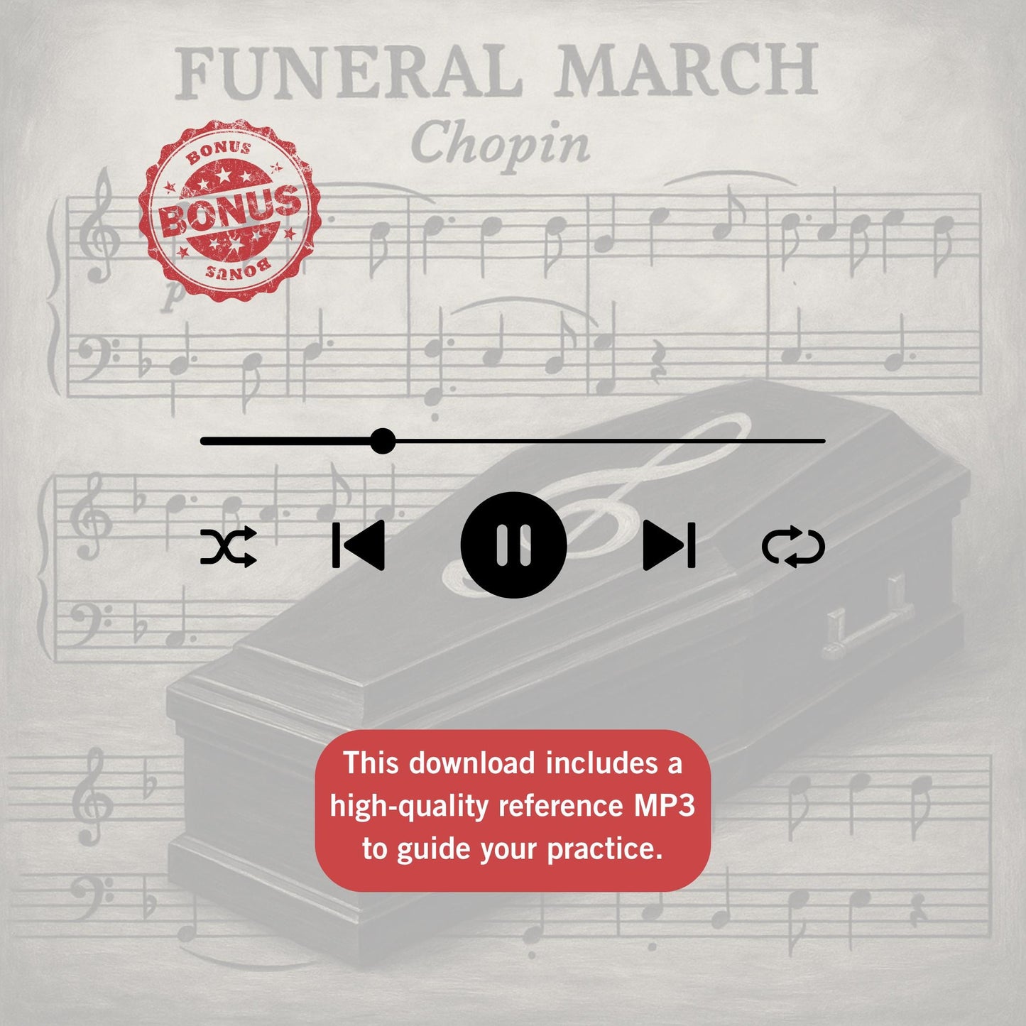 Halloween piano sheet music Chopin Funeral March beginner edition, Grade 1 simplified PDF with clear layout, note-named and color-coded versions, MP3 practice audio, and MP4 tutorial video for students.