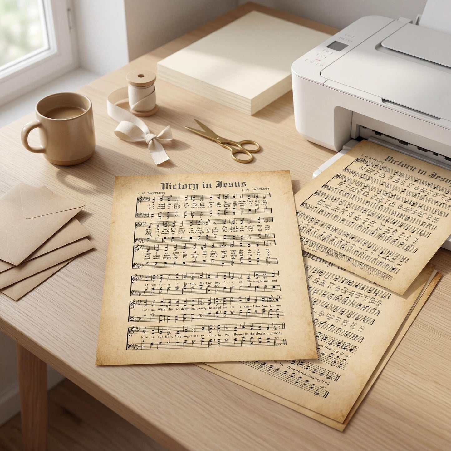 a wooden desk with various items on it, including a printer, a cup of coffee, a pair of scissors, and some sheet music.