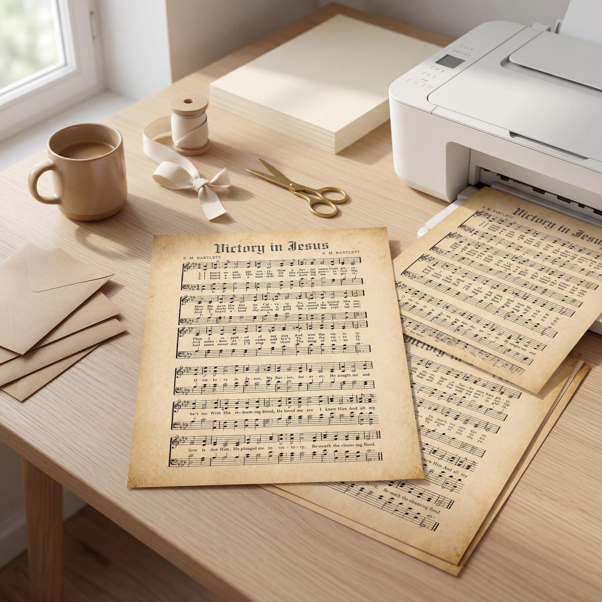 a wooden desk with various items on it, including a printer, a cup of coffee, a pair of scissors, and some sheet music.
