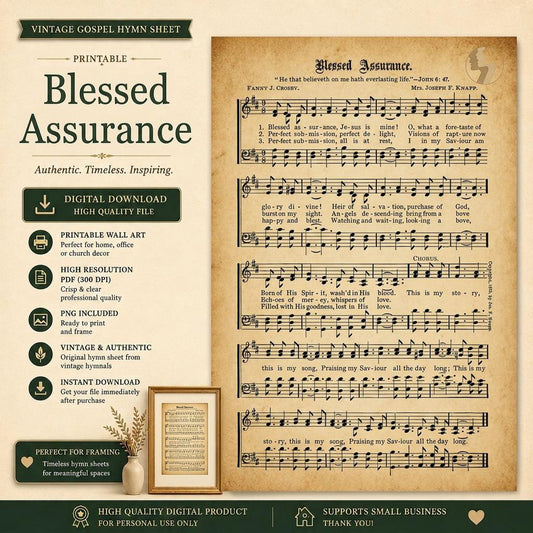 Blessed Assurance Vintage Hymn Sheet Music Printable | Antique Gospel Song Wall Art PDF PNG | Christian Music Decor
