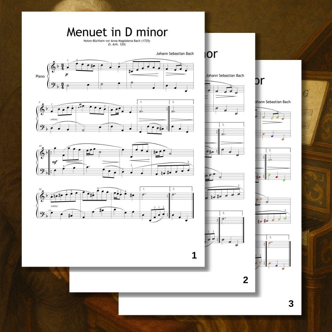 Menuet in D Minor by Johann Sebastian Bach – downloadable and simplified piano sheet music PDF complete edition with six included versions: clean, note-named, fingered, color-coded, combined pedagogical, and tablet-optimized layouts.