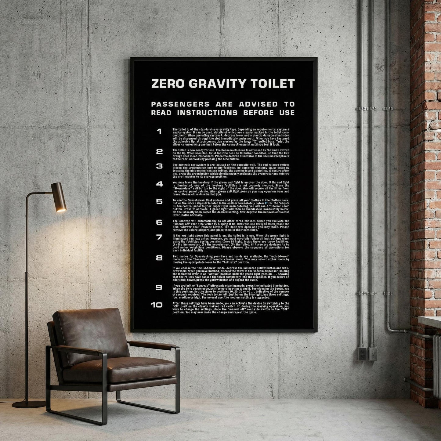 2001 Zero Gravity Toilet sign poster printable featuring accurate Eurostile typography and cinematic layout inspired by Kubrick’s film prop, designed as a high-resolution digital wall print for sci-fi collectors and space age interiors.
