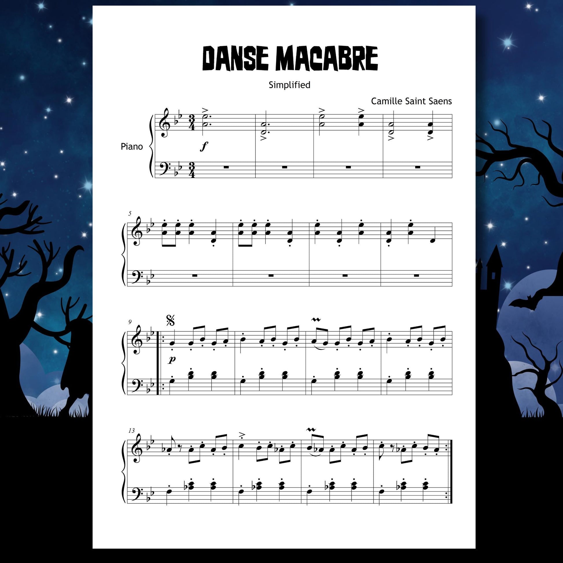 Halloween Piano Bundle for Grade 1–2 students, easy beginner arrangements of Casper, Addams Family Theme, Ghostbusters, Thriller, Jaws Theme, Chopin Funeral March, Gounod Funeral March of a Marionette, Saint-Saëns Danse Macabre, Grieg In the Hall of the Mountain King, The Phantom of the Opera, and Harry Potter Hedwig’s Theme, digital PDF with MP3 and MP4 support.