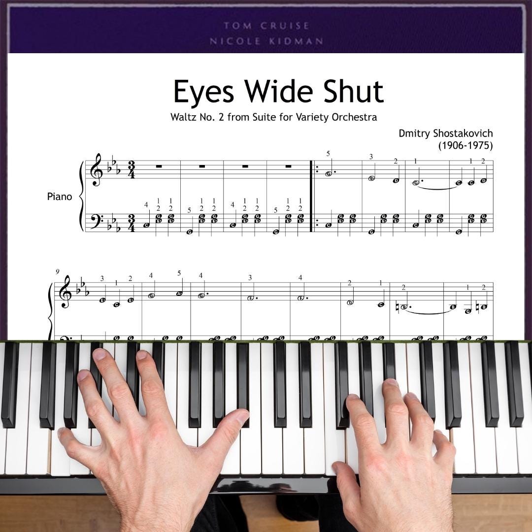 Waltz No. 2 by Dmitri Shostakovich downloadable and simplified piano sheet music PDF presented as a Grade 3–4 arrangement featuring finger-number guidance, color-coded notation, and note-name support, all aligned with manuscript accuracy for elegant waltz phrasing.