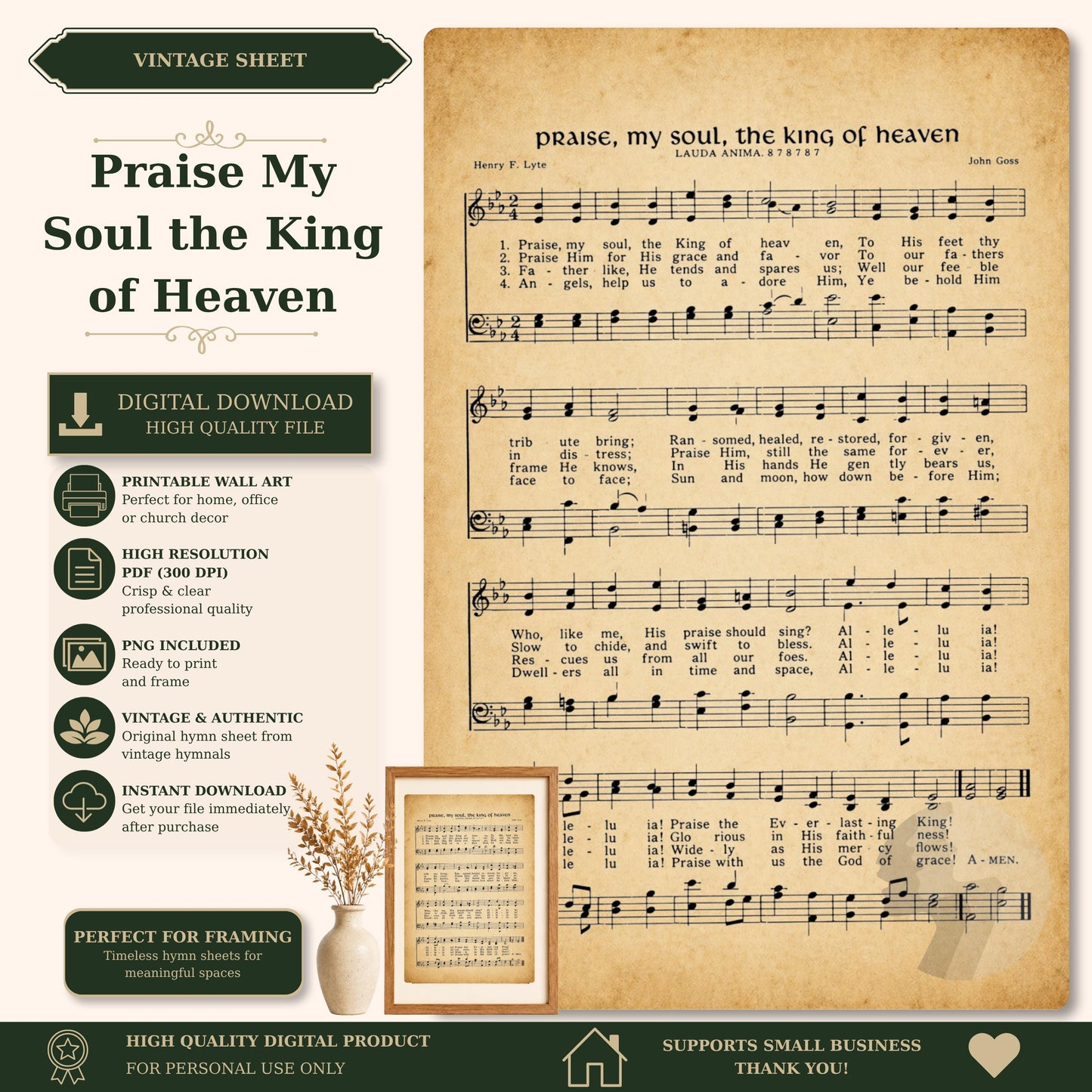 The image is a vintage sheet music for a hymn titled "Praise My Soul the King of Heaven" by Henry F. Lytton. The sheet music is accompanied by a framed image of a plant, and the sheet music is available for digital download. The sheet music is perfect for framing and is a high-quality digital product. The sheet music is designed to support small businesses and is available for personal use only.