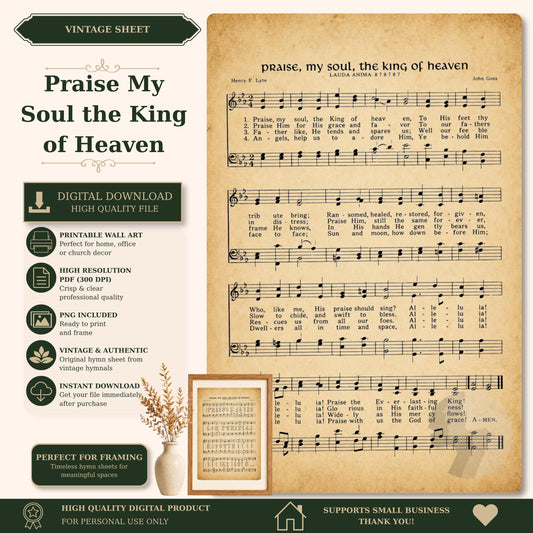 The image is a vintage sheet music for a hymn titled "Praise My Soul the King of Heaven" by Henry F. Lytton. The sheet music is accompanied by a framed image of a plant, and the sheet music is available for digital download. The sheet music is perfect for framing and is a high-quality digital product. The sheet music is designed to support small businesses and is available for personal use only.