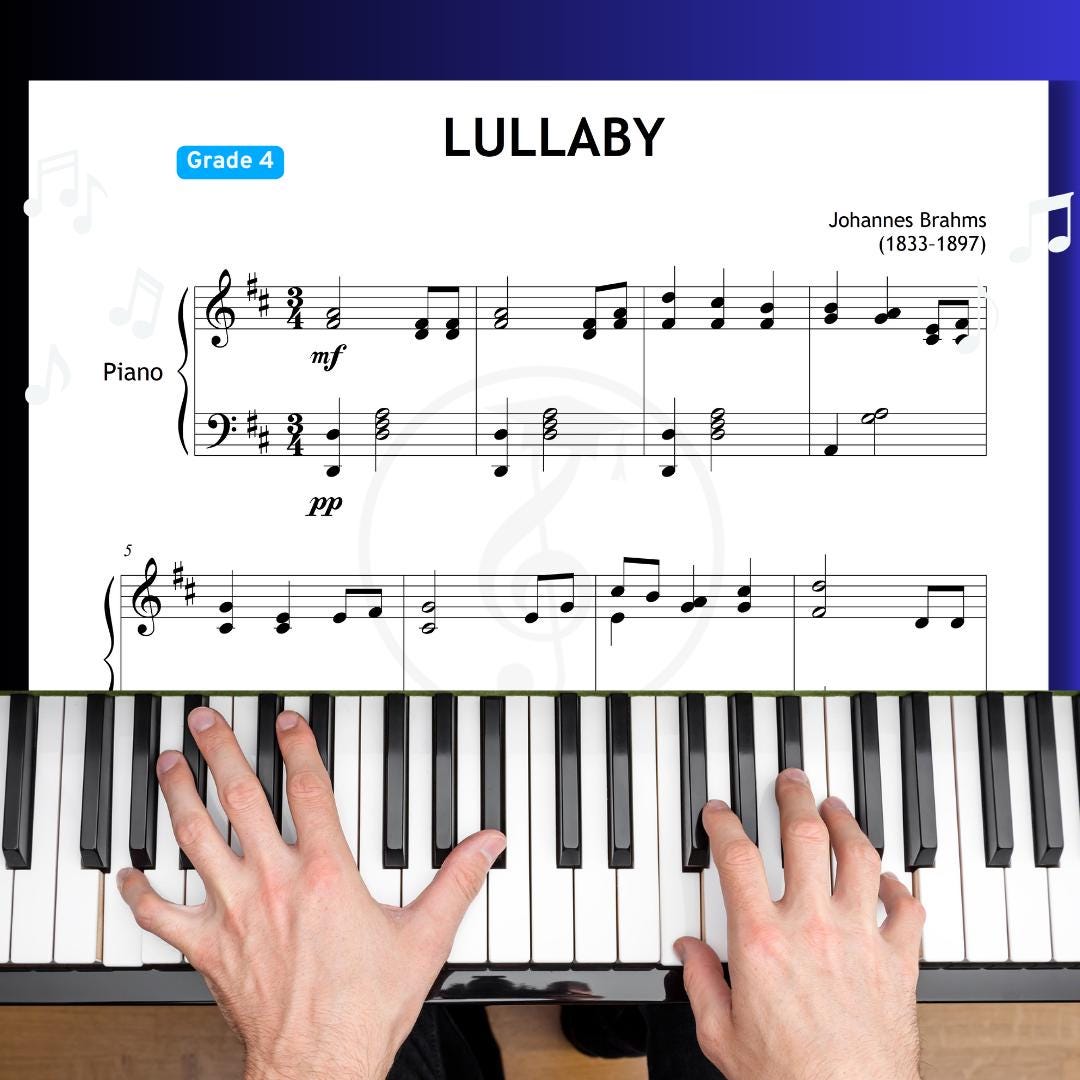 Brahms Lullaby Grade 4 Piano Sheet - Digital Download with Finger Numbers, Colored Notes, MP3, Tutorial Video