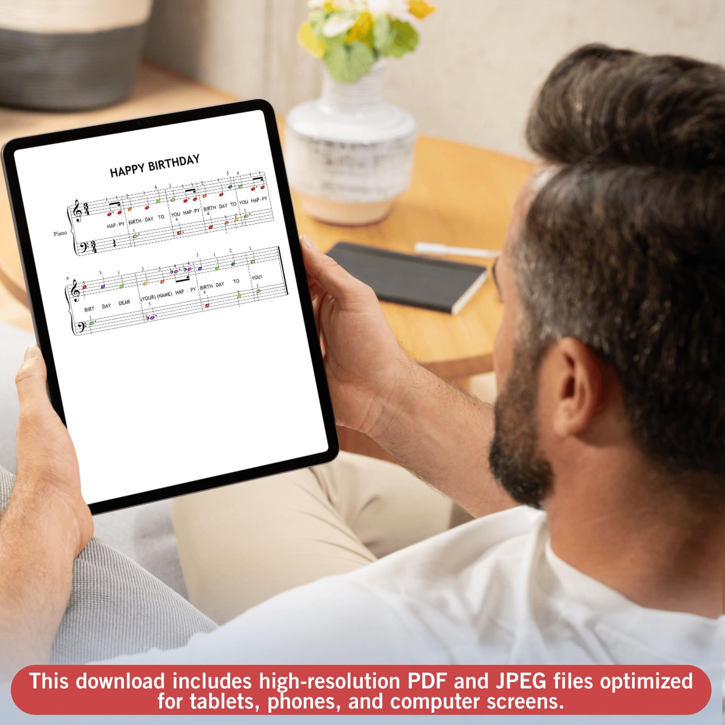 Happy Birthday beginner sheet music for piano, Grade 1 arrangement designed for kids, simplified PDF with finger numbers, note names, and color notes, digital download with MP3 demo and MP4 video tutorial.