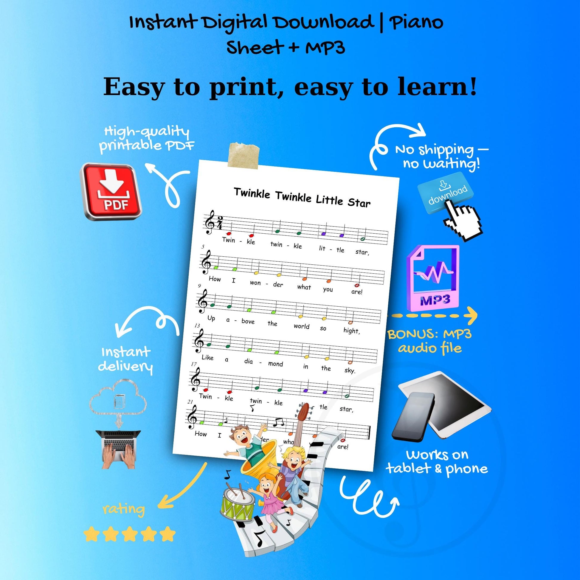 Twinkle Twinkle Little Star - Grade 0 - Easy Piano Sheet for Beginners | Colorful Notes + Finger Numbers | Educational Piano Resource