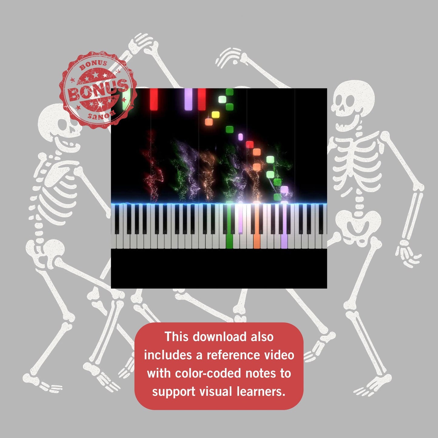 Camille Saint-Saëns Danse Macabre simplified piano sheet music PDF, Grade 1–2 Halloween beginner edition, educational versions with note names and color support, MP3 demo recording, and MP4 guided tutorial.