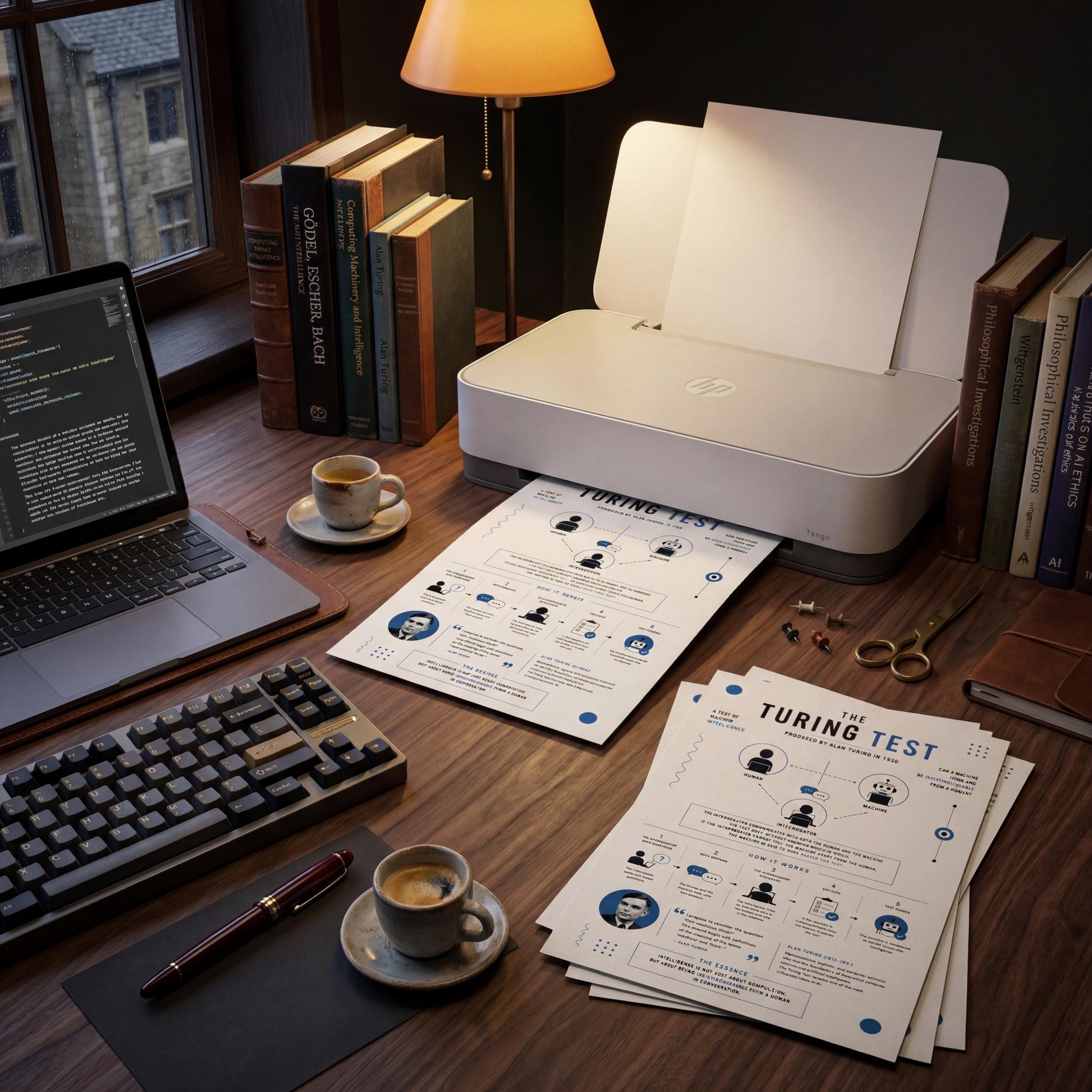 a well-organized workspace with a laptop, printer, books, and various office supplies arranged on a wooden desk.