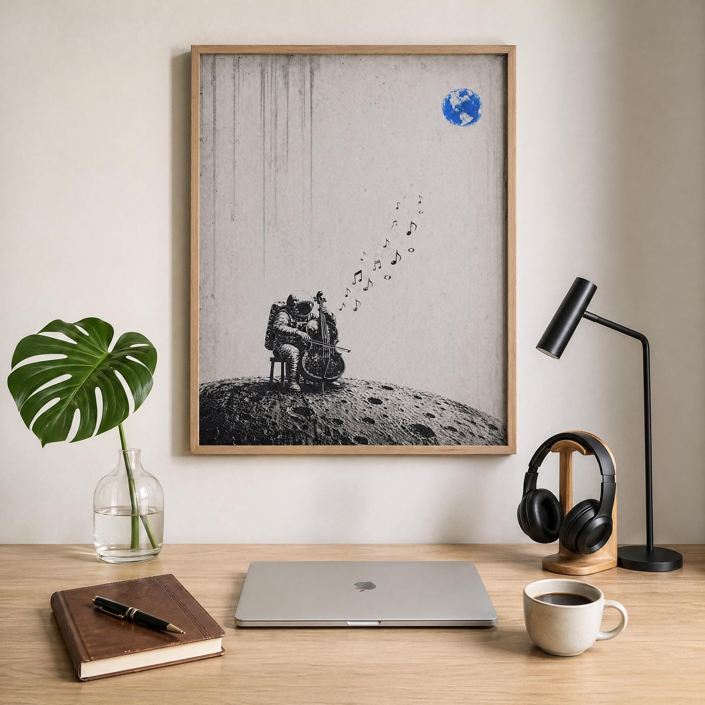 Black white astronaut musician poster printable featuring cello performance on the moon, conceptual space artwork with minimalist aesthetic and digital download format