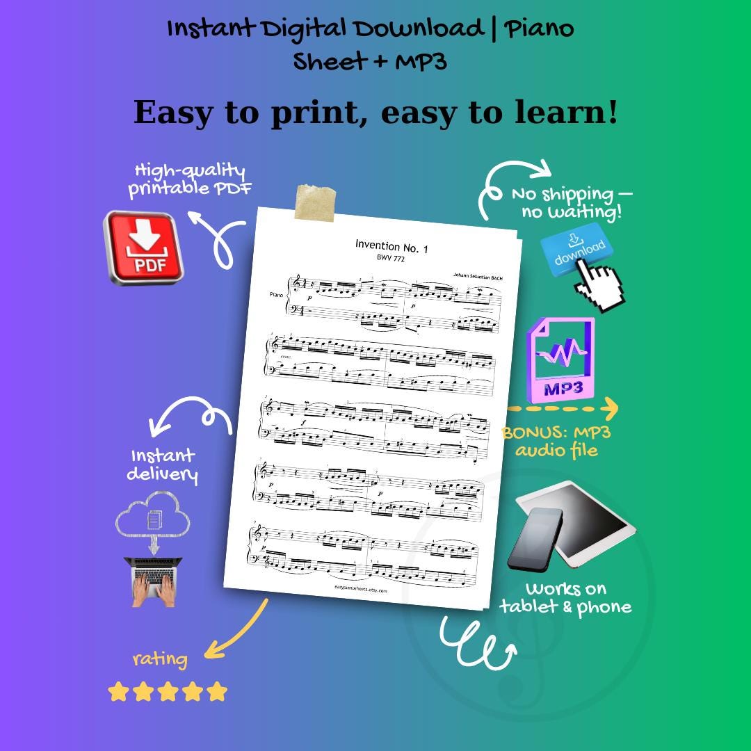 Bach Invention No.1 professional sheet music PDF for piano, featuring Baroque-era engraving with fingerings, clean layout, and instant digital download icons – ideal for classical musicians and students.